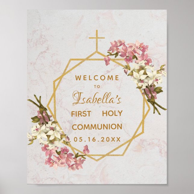 Floral First Communion Gold Marble Orchids Welcome Poster (Front)