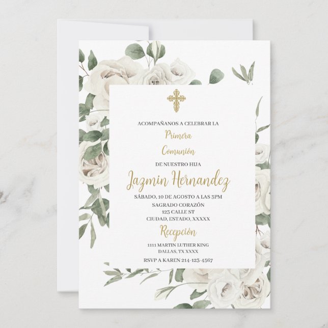 Floral first comunion Spanish Invitation (Front)