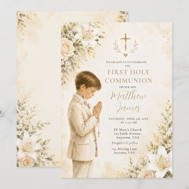 Floral First Holy Communion Boy Invitation (Front/Back)