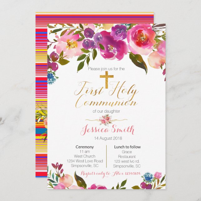 Floral First Holy Communion Invitations Mexican (Front/Back)