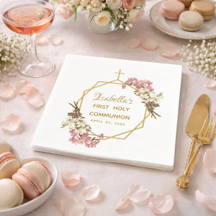 Floral First Holy Communion Orchids Gold Geometric Napkin