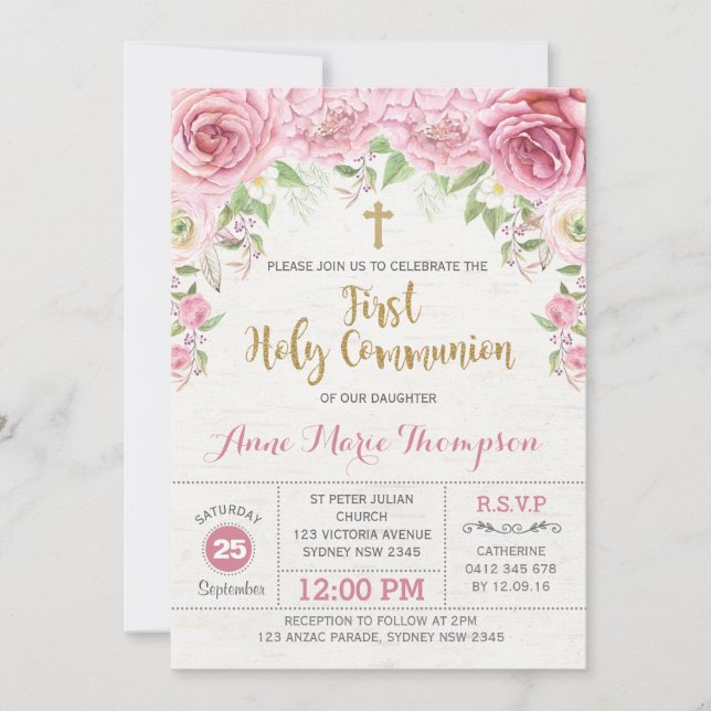 Floral First Holy Communion Pink & Gold Invite (Front)