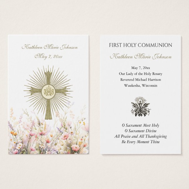 Floral First Holy Communion Remembrance Card (Front & Back)