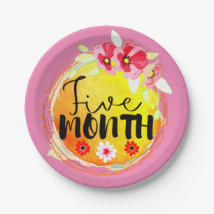 Floral Five Month Old Baby Milestone Label Paper Plate