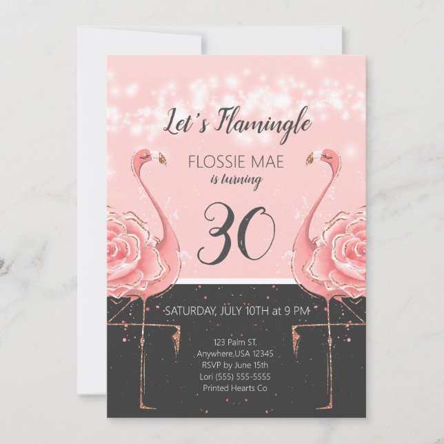 Floral Flamingo Birthday Invitation | Rose Gold (Front)