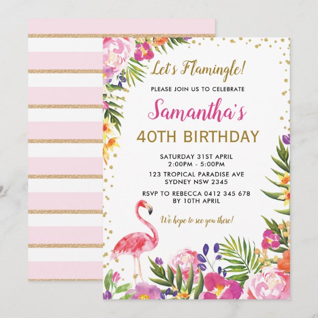 Floral Flamingo Birthday Party Tropical Pink Gold Invitation (Front/Back)