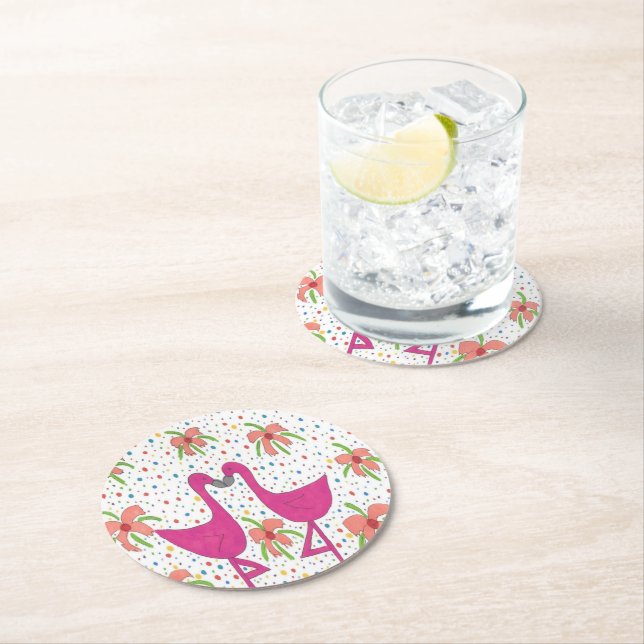 Floral Flamingo Fiesta Round Paper Coaster (Insitu)