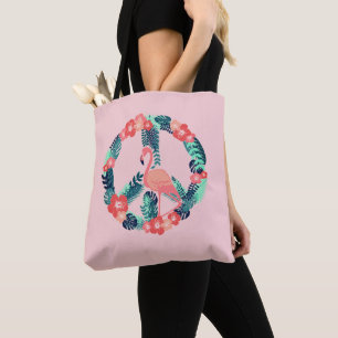 Floral Flamingo Peace Sign Cute Pink  Tote Bag