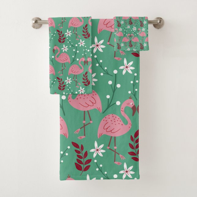 Floral flamingo seamless pattern pink green bath towel set (Insitu)