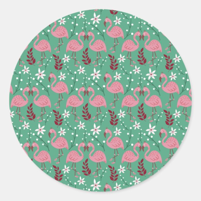 Floral flamingo seamless pattern pink green classic round sticker (Front)