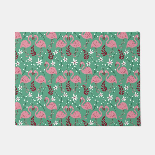 Floral flamingo seamless pattern pink green doormat (Front)