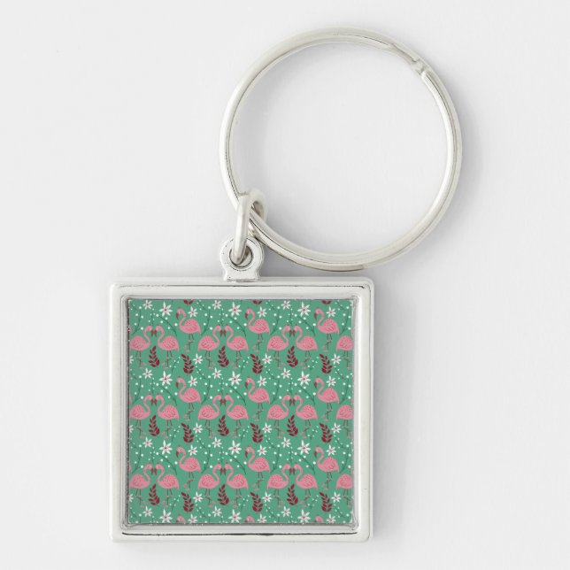 Floral flamingo seamless pattern pink green key ring (Front)