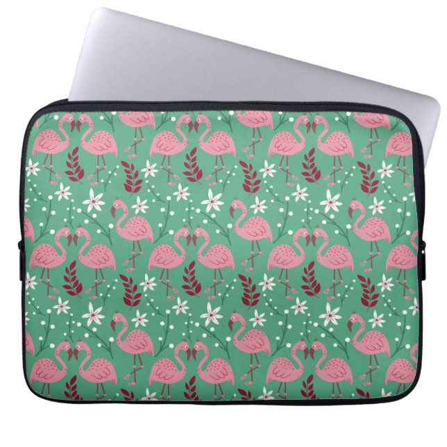 Floral flamingo seamless pattern pink green laptop sleeve (Front)