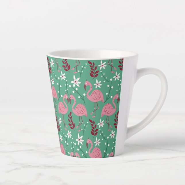 Floral flamingo seamless pattern pink green latte mug (Right)