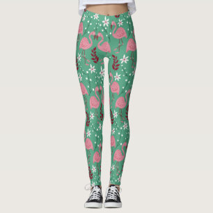 Floral flamingo seamless pattern pink green leggings