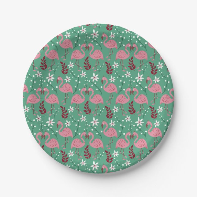Floral flamingo seamless pattern pink green paper plate (Front)