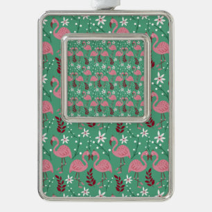 Floral flamingo seamless pattern pink green silver plated framed ornament