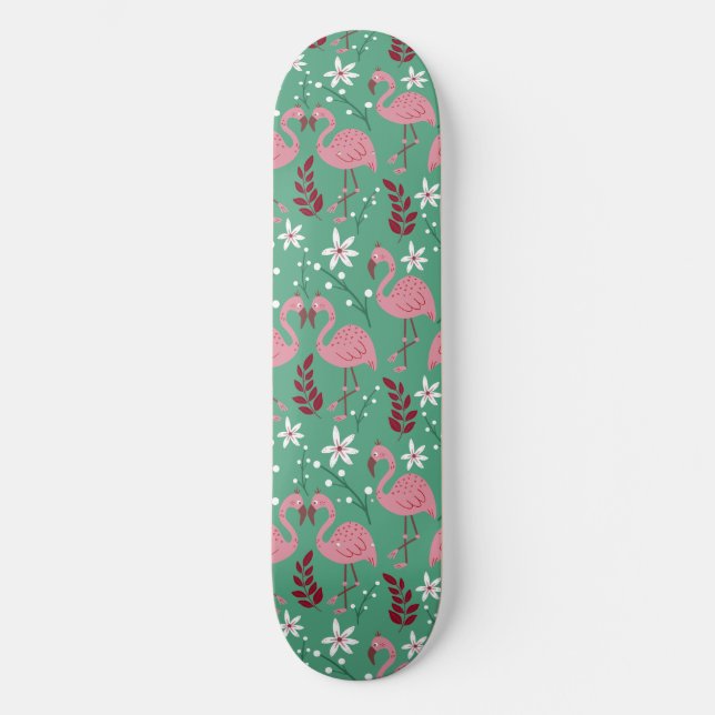 Floral flamingo seamless pattern pink green skateboard (Front)
