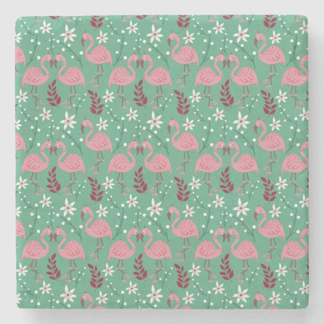 Floral flamingo seamless pattern pink green stone coaster (Front)