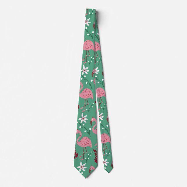 Floral flamingo seamless pattern pink green tie (Front)