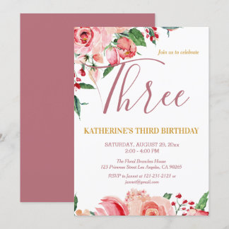 Floral Flora Blush Pink Gold Watercolor Birthday Invitation