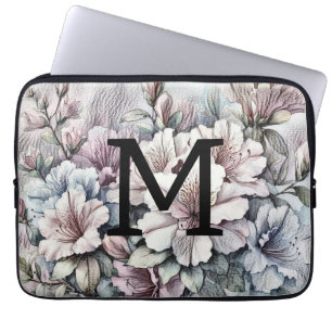 Floral floral drawing monogram pink blue azaleas laptop sleeve