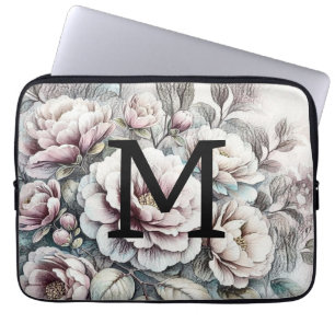 Floral floral drawing monogram pink blue peonies laptop sleeve