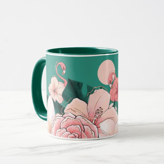 Floral Florida Flamingos Tropical Garden Teal Mug (Front Left)