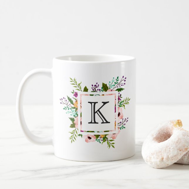Floral Flourish Monogram Coffee Mug (With Donut)