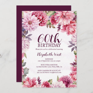 Floral Flower Bloom Blush Purple 60th Birthday Invitation