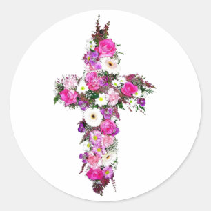 Floral/Flower Cross Classic Round Sticker