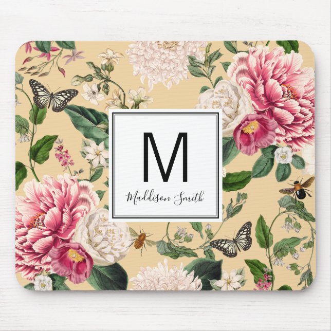 Floral Flower Garden Add Your Name Cream Yellow Mouse Pad (Front)