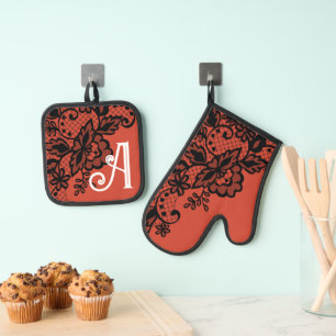 floral flower lace monogram cooking baking kitchen oven mitt & pot holder set