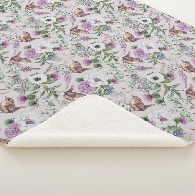 Floral Flower Lupin Thistle Bird Scottish Pattern Sherpa Blanket (3/4)