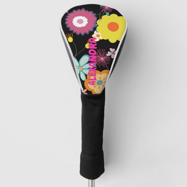Floral Flower Power Colourful Pink Golf Head Cover (Front)