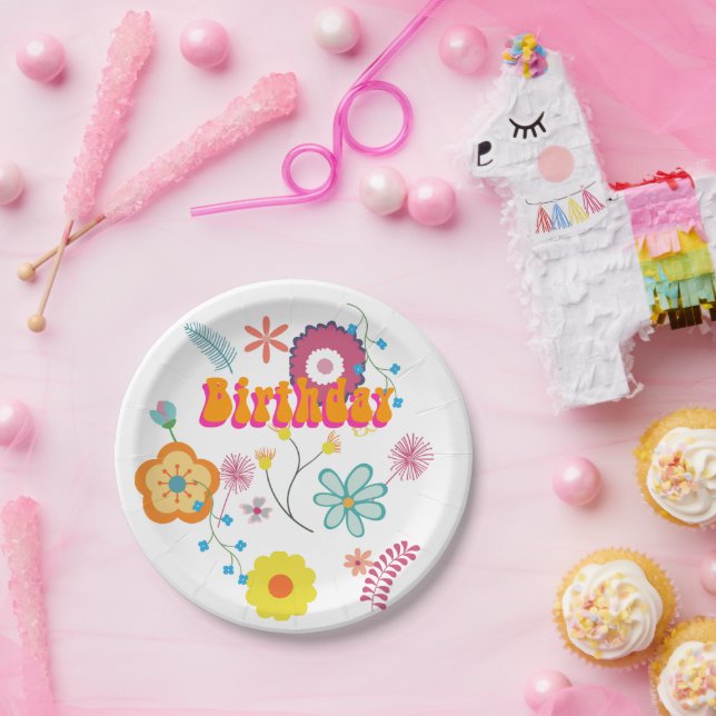 Floral Flower Power Colourful Pink Paper Plate (Party)