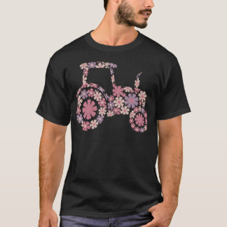 Floral Flower Tractor Silhouette Farming Girl T-Shirt