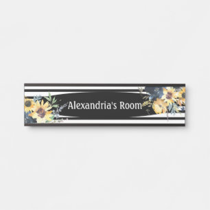 Floral Flowers Black and White Girl's Door Sign