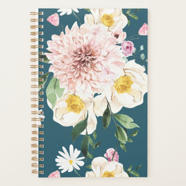 Floral flowers blush green spiral planner  (Front)