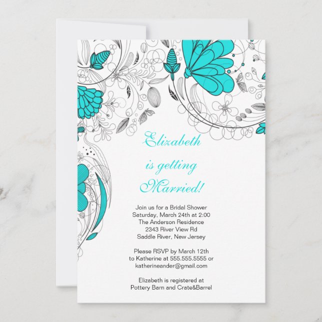 Floral Flowers Bridal Shower Invitation Turquoise (Front)