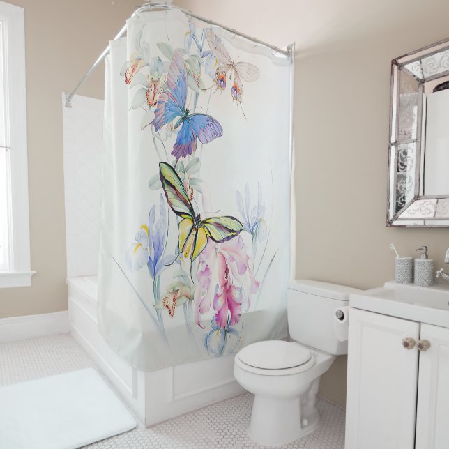 Floral Flowers Butterflies Colourful Garden Shower Curtain (In Situ)