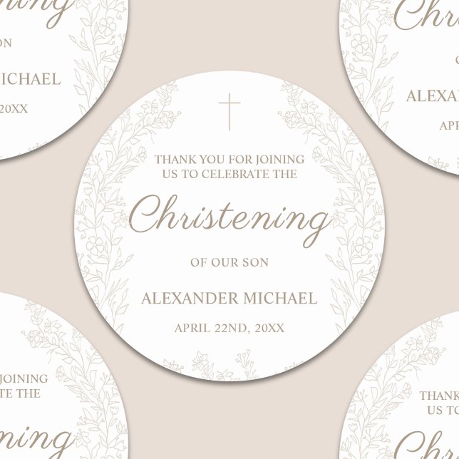 Floral Flowers Christening Cross Baptism Thank You Classic Round Sticker (Creator Uploaded)