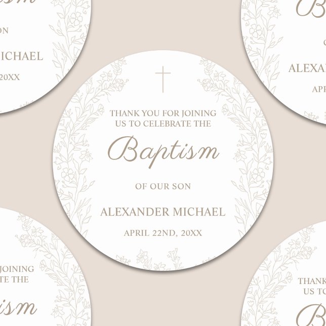 Floral Flowers Christian Cross Baptism Thank You Classic Round Sticker (Creator Uploaded)