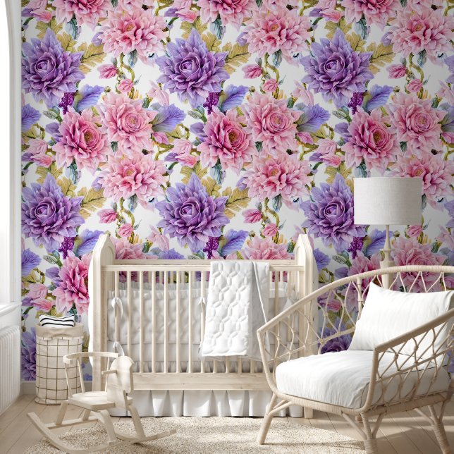 Floral flowers collage wall mural pink purple chic (Kids)