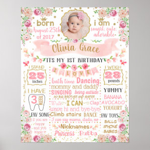 Floral Flowers First Birthday sign with photo