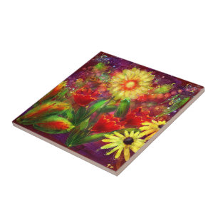 Floral Flowers Flower Abstract Art Red Yellow Ceramic Tile