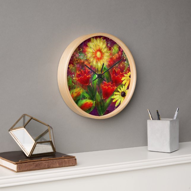 Floral Flowers Flower Abstract Art Red Yellow Clock (Office)
