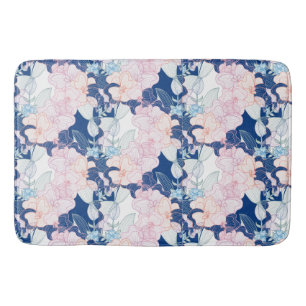 Floral Flowers Foliage Green Pink Shades of Blue   Bath Mat