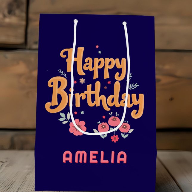 Floral Flowers Happy Birthday Handlettering Medium Gift Bag (Creator Uploaded)