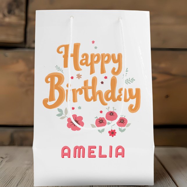 Floral Flowers Happy Birthday Handlettering Medium Gift Bag (Creator Uploaded)